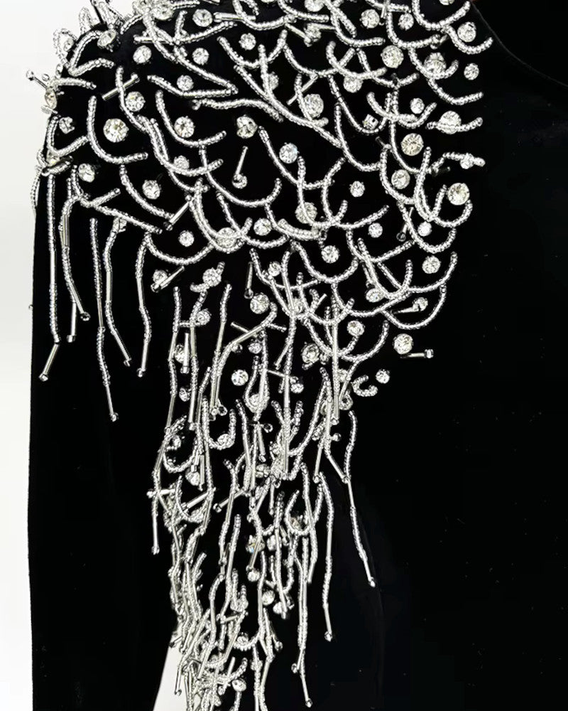 Long Sleeve Crystal Shoulder Maxi Velvet Dress Black