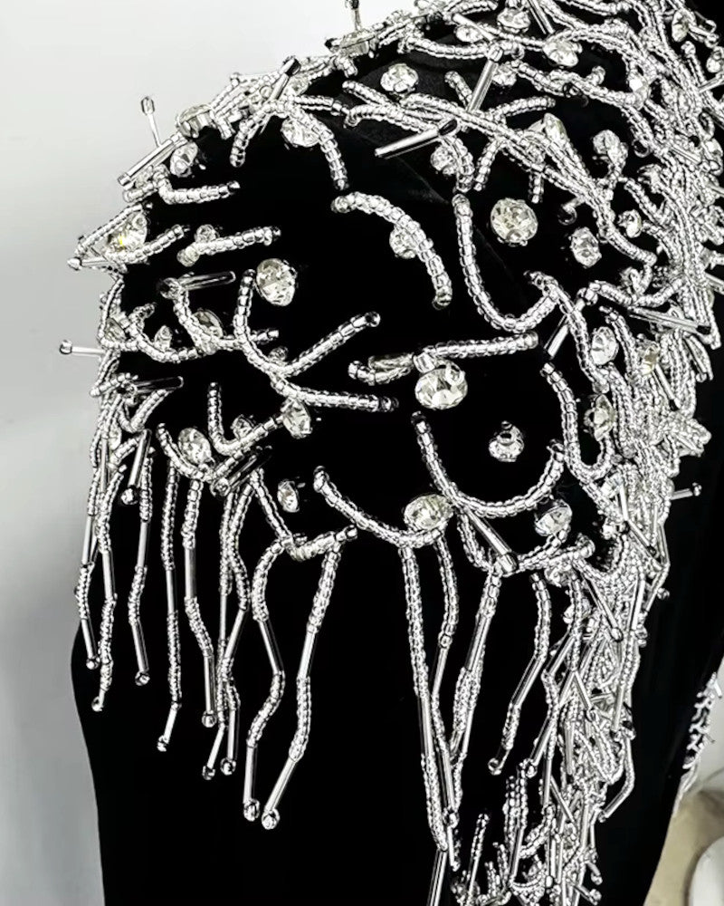 Long Sleeve Crystal Shoulder Maxi Velvet Dress Black