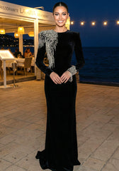 Long Sleeve Crystal Shoulder Maxi Velvet Dress Black
