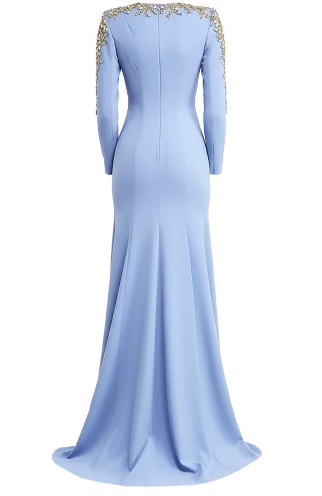 Long Sleeve Crystal Embellished Maxi Dress Blue