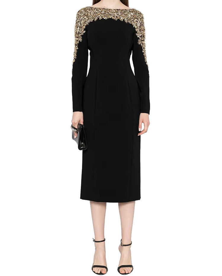 Long Sleeve Crystal Shoulder Midi Dress Black