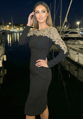 Long Sleeve Crystal Shoulder Midi Dress Black