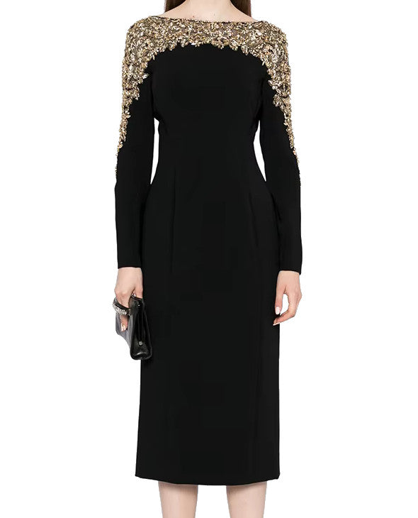 Long Sleeve Crystal Shoulder Midi Dress Black