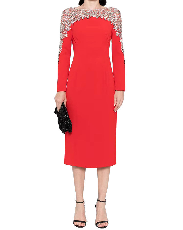 Long Sleeve Crystal Shoulder Midi Dress Red