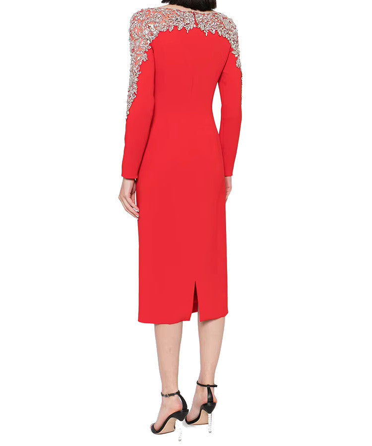 Long Sleeve Crystal Shoulder Midi Dress Red