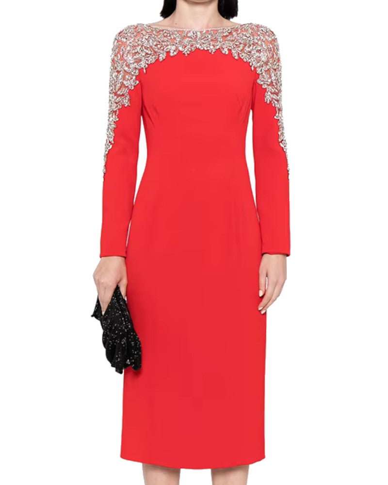 Long Sleeve Crystal Shoulder Midi Dress Red