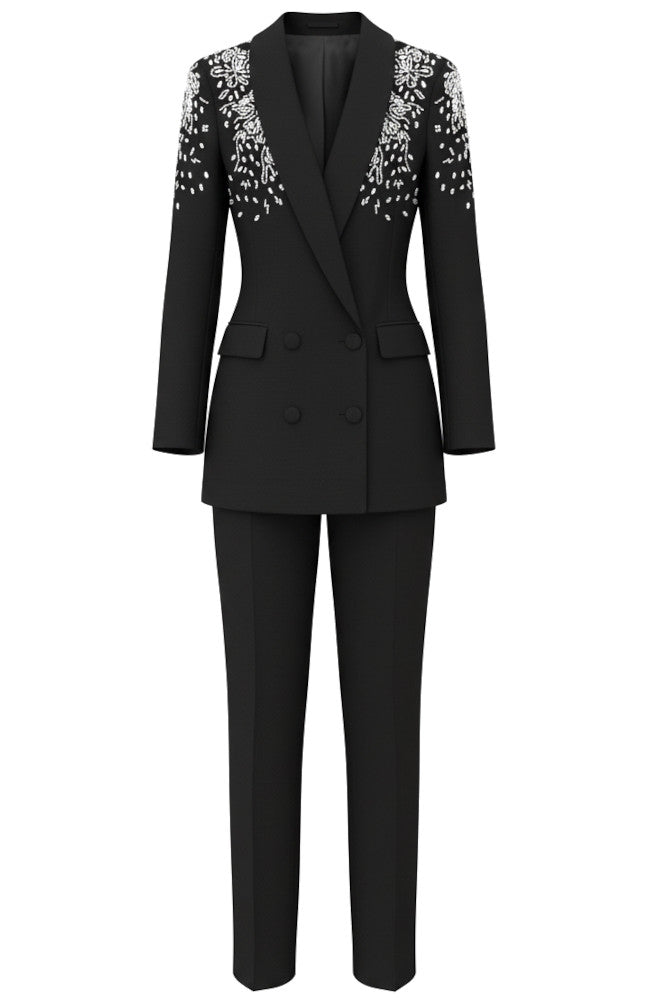 Long Sleeve Crystal Shoulders Suit Black
