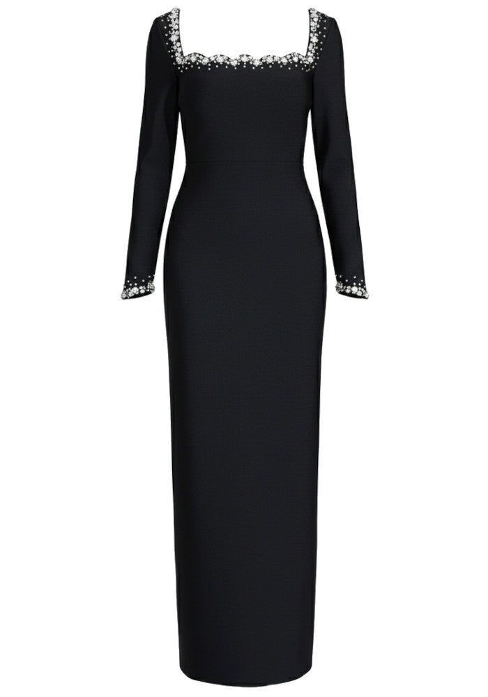 Long Sleeve Crystal Embellished Trim Maxi Dress Black