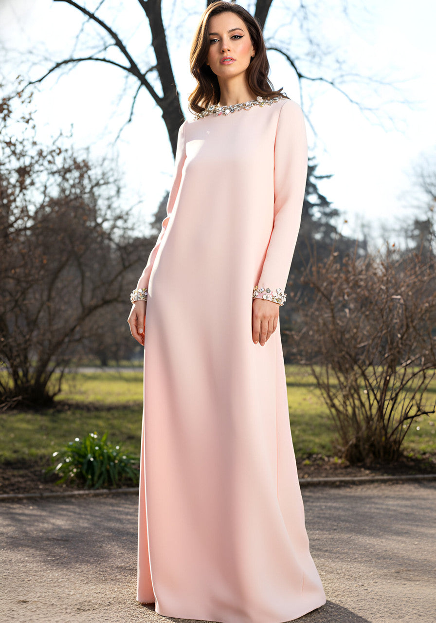 Long Sleeve Crystal Detail Maxi Dress Pink