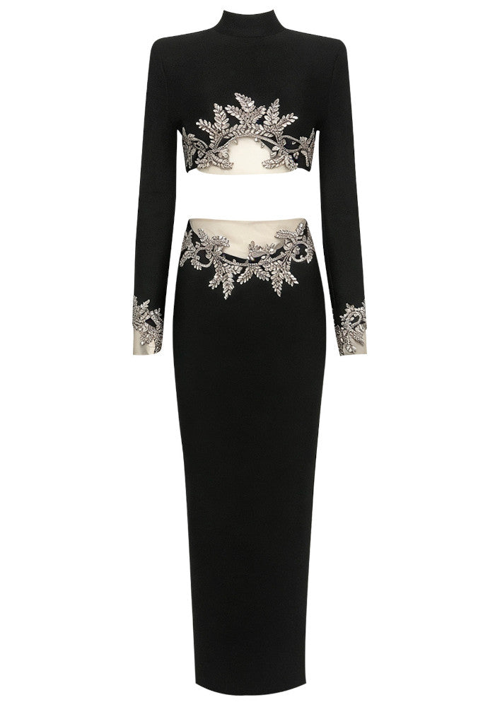 Long Sleeve Crystal Embellished Two Piece Maxi Dress Black