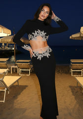 Long Sleeve Crystal Embellished Two Piece Maxi Dress Black