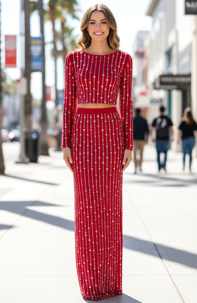 Long Sleeve Crystal Maxi Two Piece Dress Red