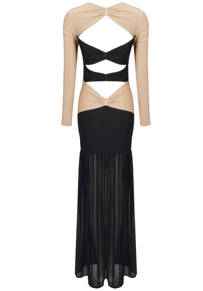Long Sleeve Cut Out Detail Maxi Dress Black Nude