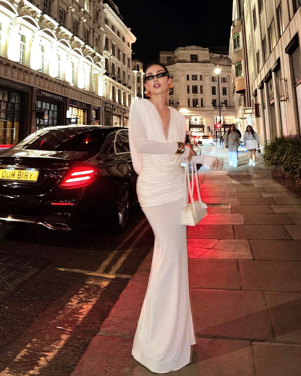 Long Sleeve Draped Backless Maxi Dress White