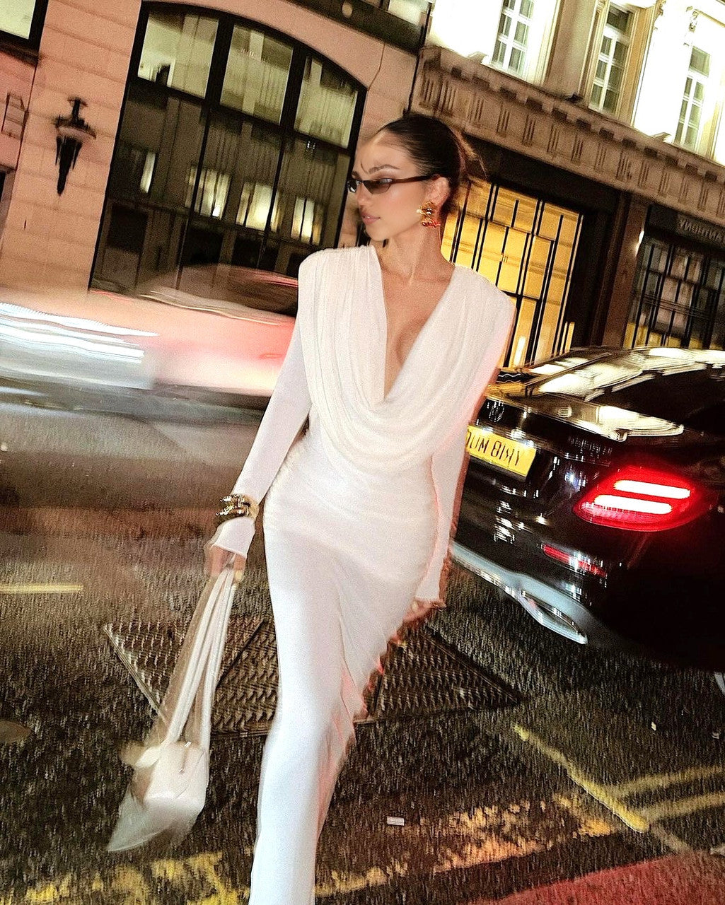 Long Sleeve Draped Backless Maxi Dress White