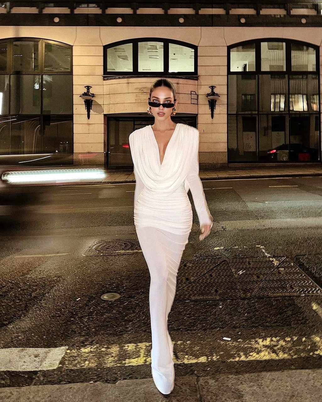 Long Sleeve Draped Backless Maxi Dress White