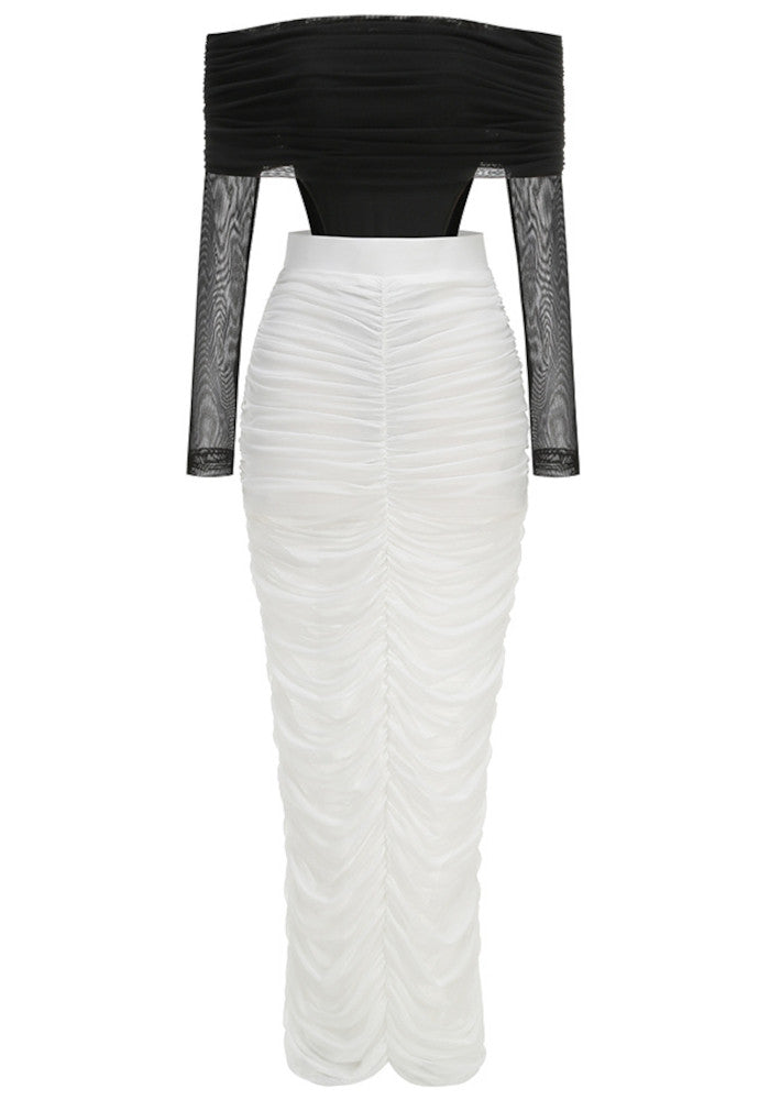 Long Sleeve Draped Bardot Maxi Dress Black White