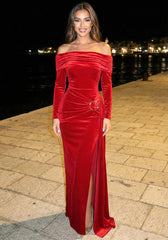 Long Sleeve Draped Bardot Maxi Velvet Dress Red