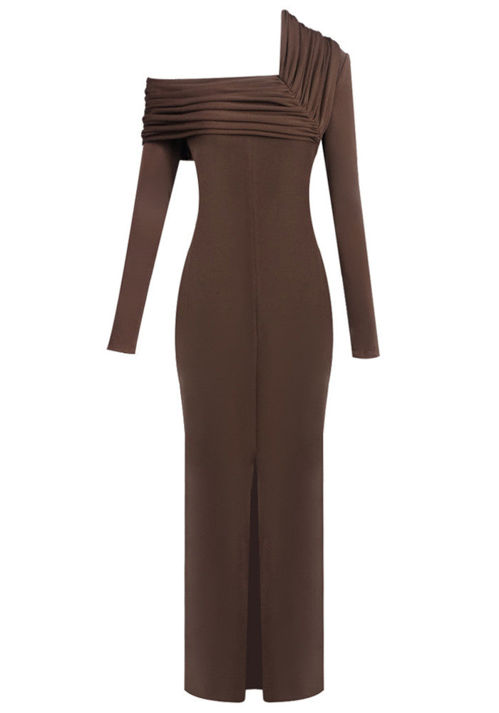 Long Sleeve Draped Neckline Maxi Dress Brown