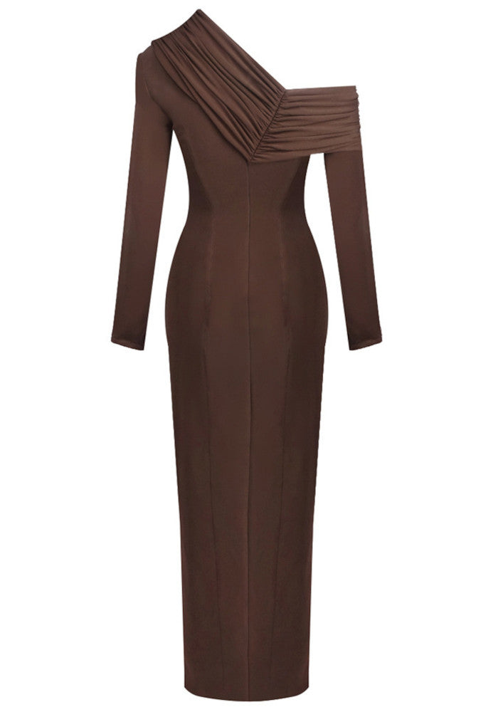 Long Sleeve Draped Neckline Maxi Dress Brown