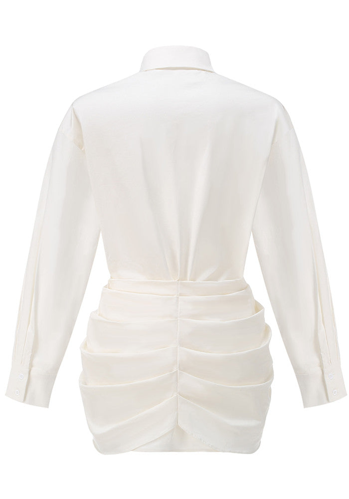 Long Sleeve Draped Floral Shirt Dress White