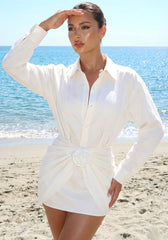 Long Sleeve Draped Floral Shirt Dress White