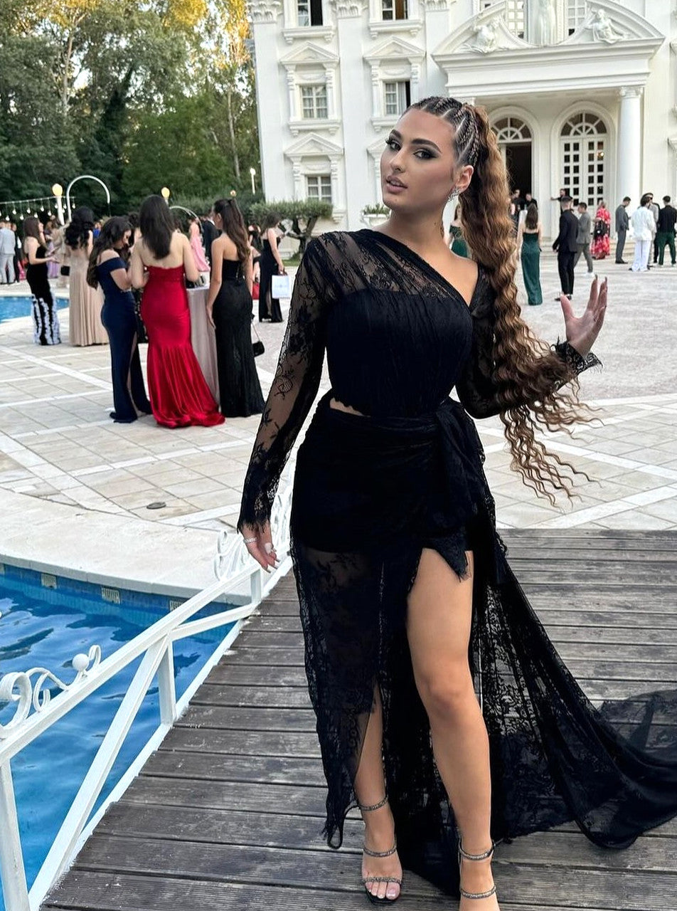 Long Sleeve Draped Lace Maxi Dress Black