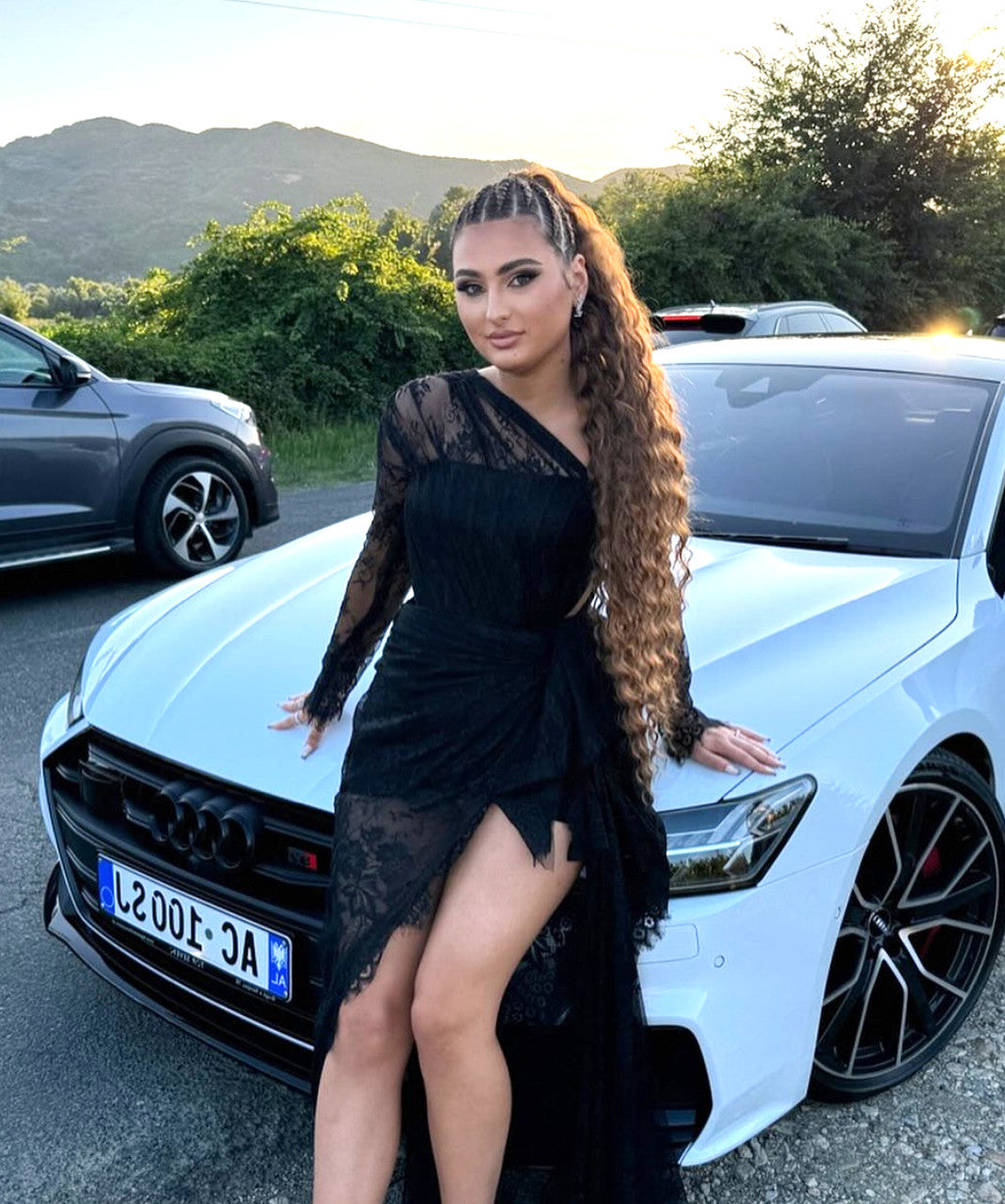 Long Sleeve Draped Lace Maxi Dress Black