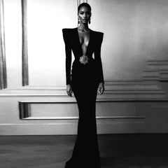Long Sleeve Draped Embellished Maxi Dress Black