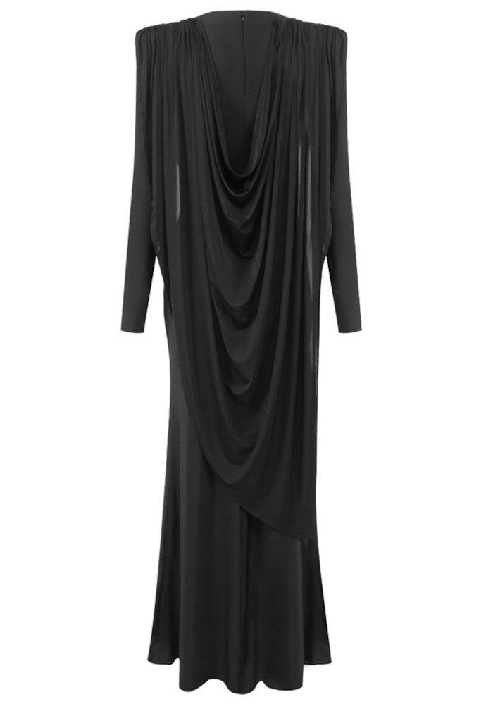 Long Sleeve Draped Design Maxi Dress Black