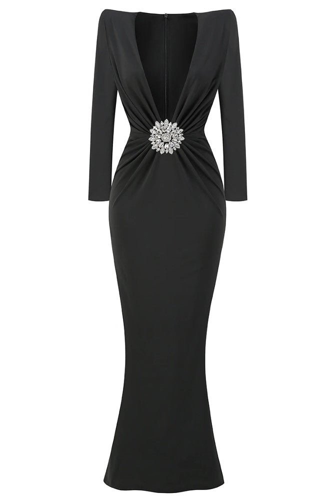 Long Sleeve Draped Embellished Maxi Dress Black
