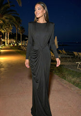 Long Sleeve Draped Design Maxi Dress Black