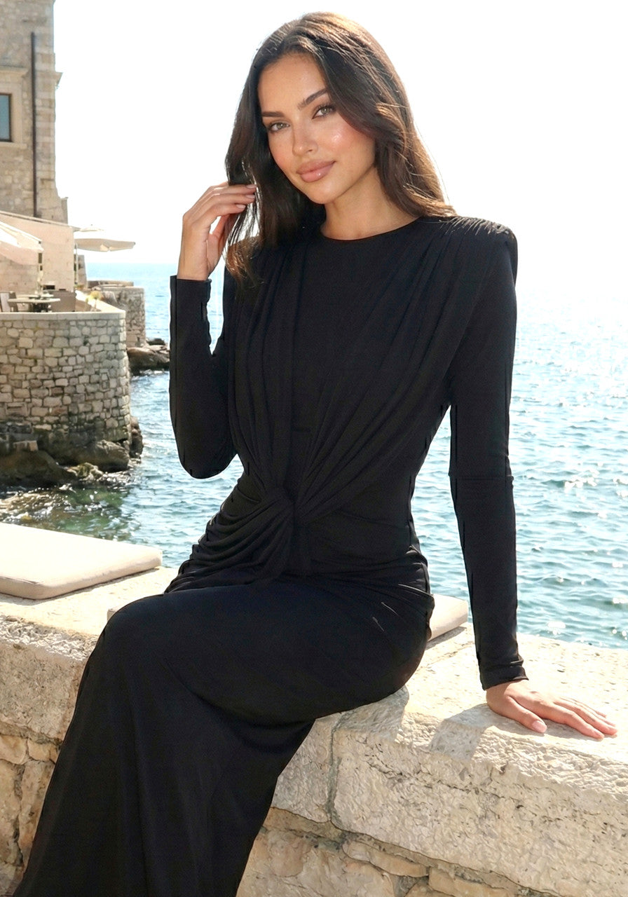Long Sleeve Draped Design Maxi Dress Black