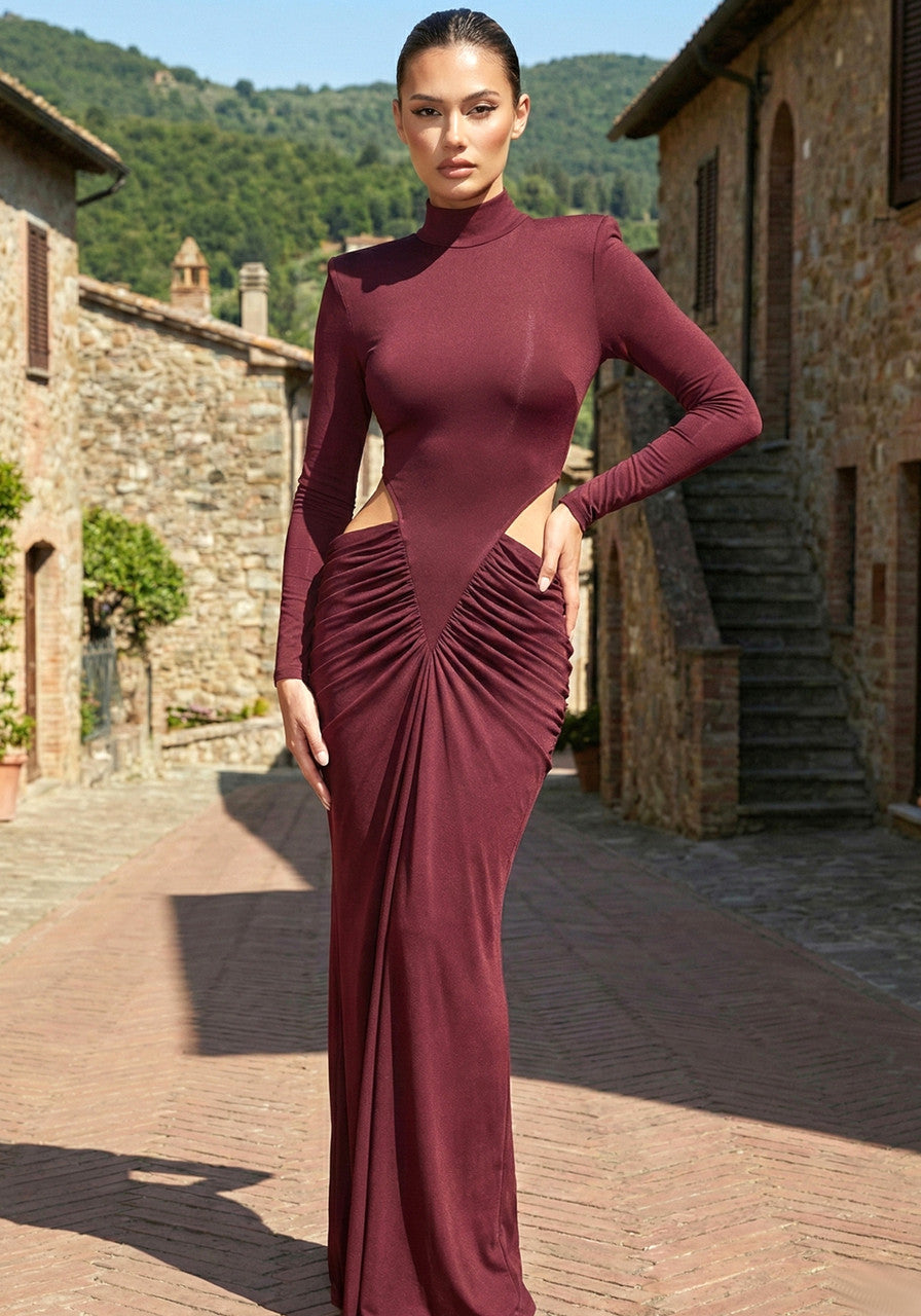 Long Sleeve Draped Cut Out Detail Maxi Dress Burgundy