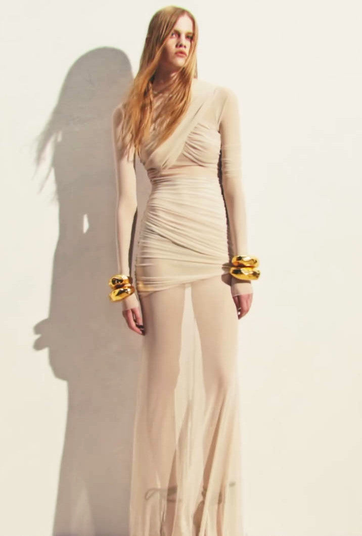 Long Sleeve Draped Maxi Dress Ivory