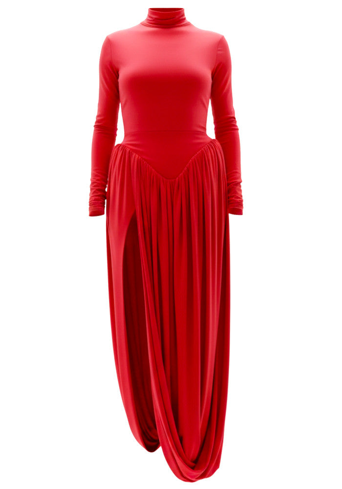 Long Sleeve Draped Puff Maxi Dress Red
