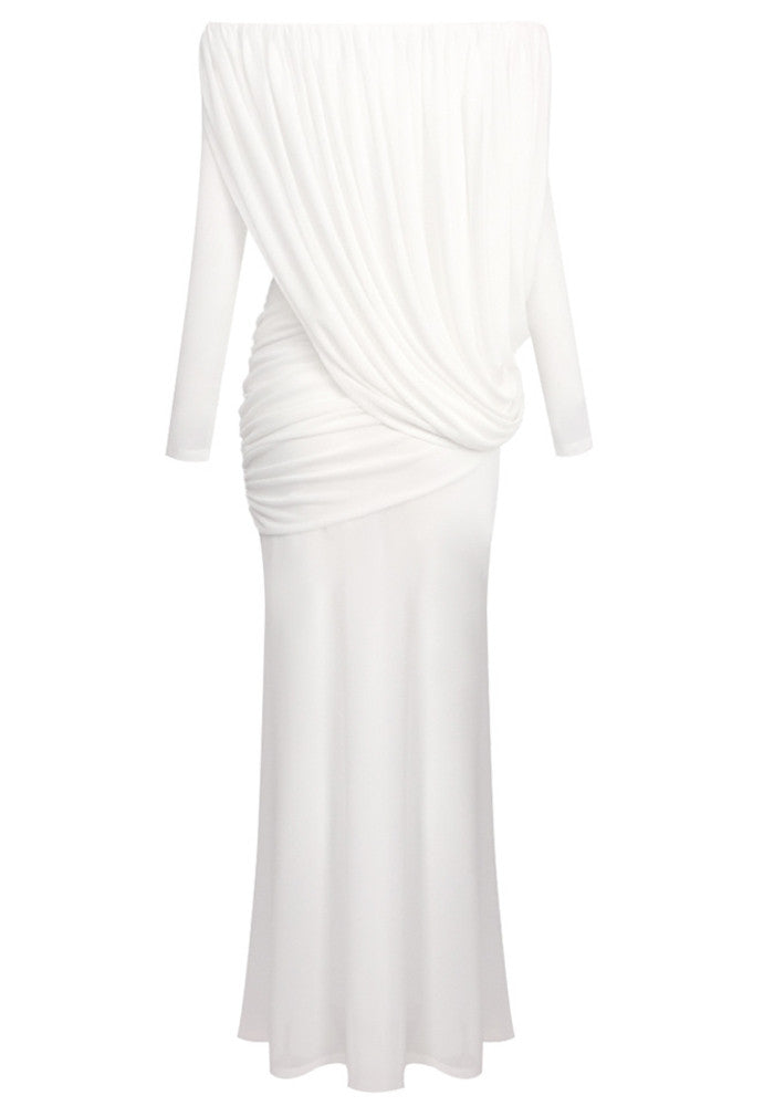 Long Sleeve Draped Bardot Maxi Dress White