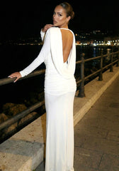 Long Sleeve Draped Backless Maxi Dress White