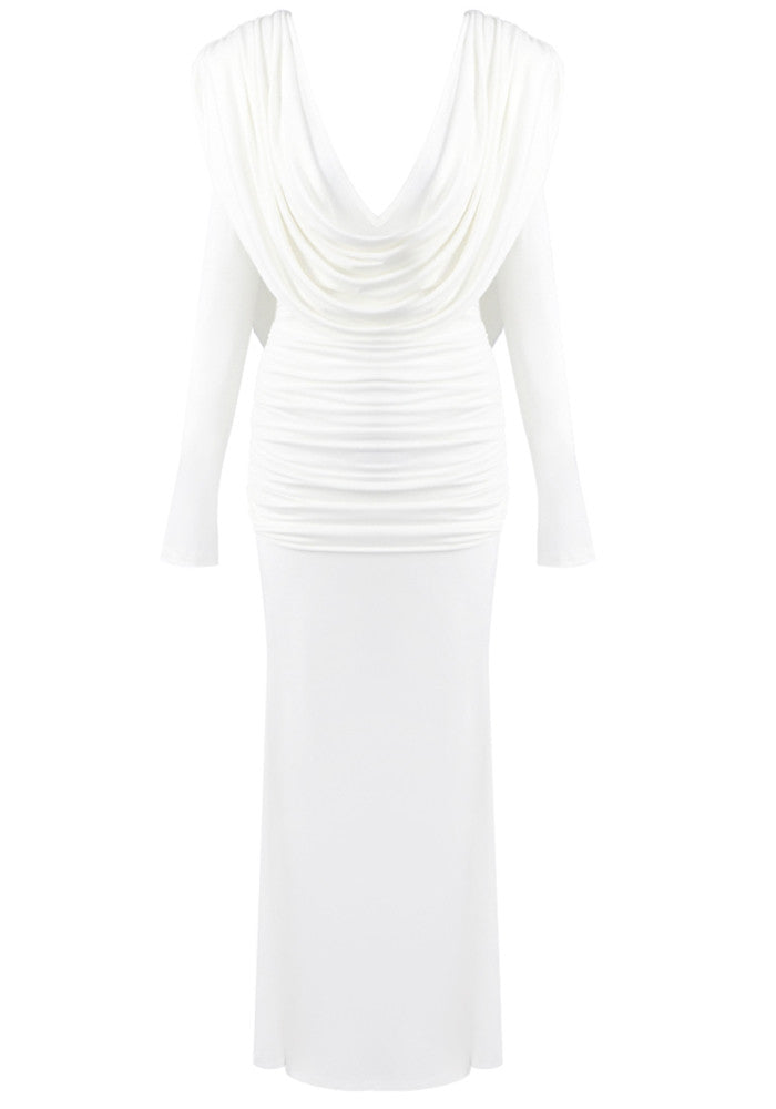 Long Sleeve Draped Backless Maxi Dress White