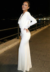 Long Sleeve Draped Backless Maxi Dress White