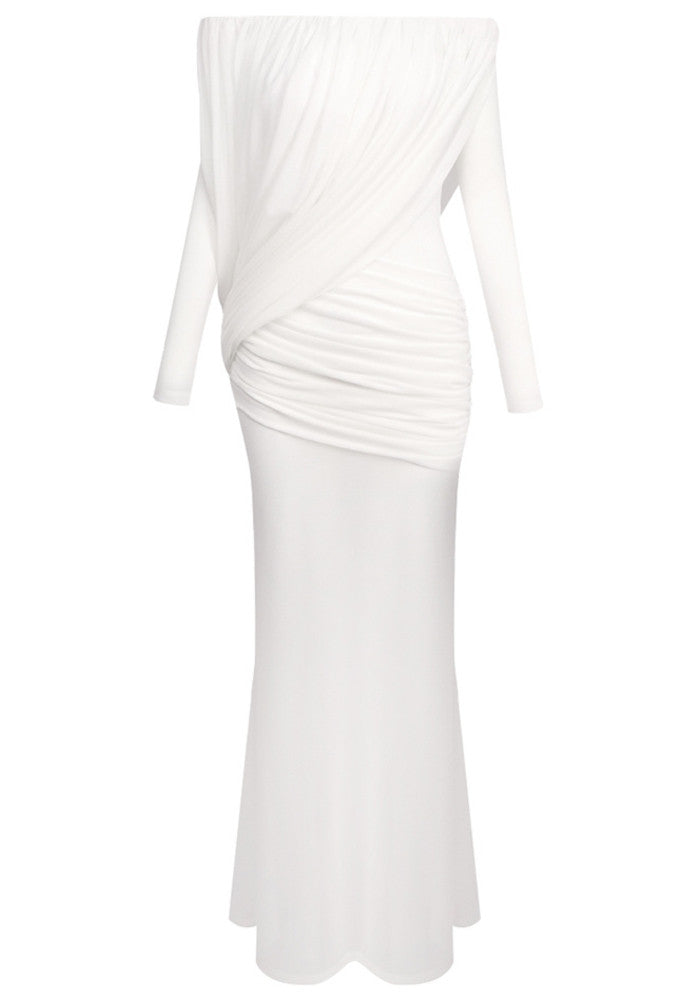 Long Sleeve Draped Bardot Maxi Dress White