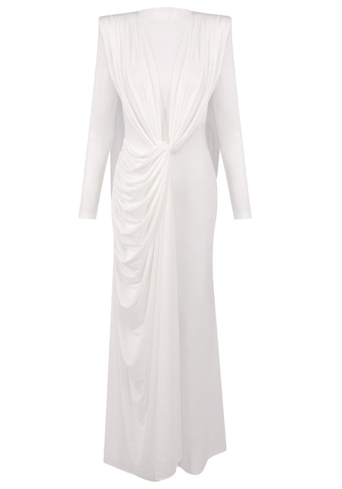 Long Sleeve Draped Design Maxi Dress White