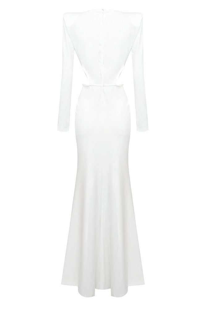 Long Sleeve Draped Maxi Dress White