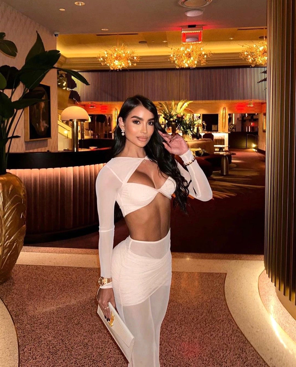 Long Sleeve Draped Two Piece Jumpsuit Nude