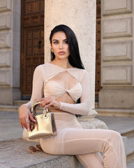 Long Sleeve Draped Two Piece Jumpsuit Nude