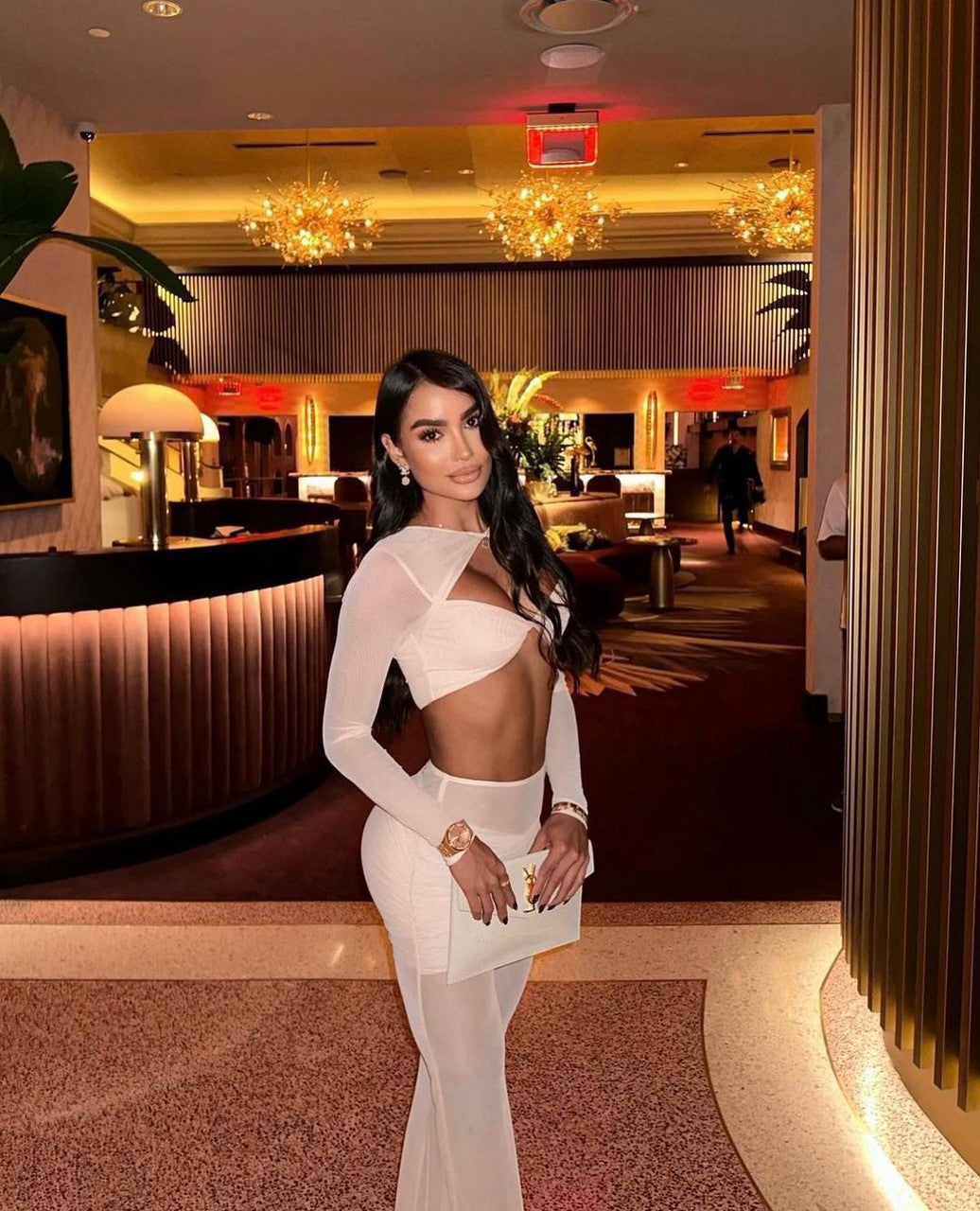 Long Sleeve Draped Two Piece Jumpsuit Nude