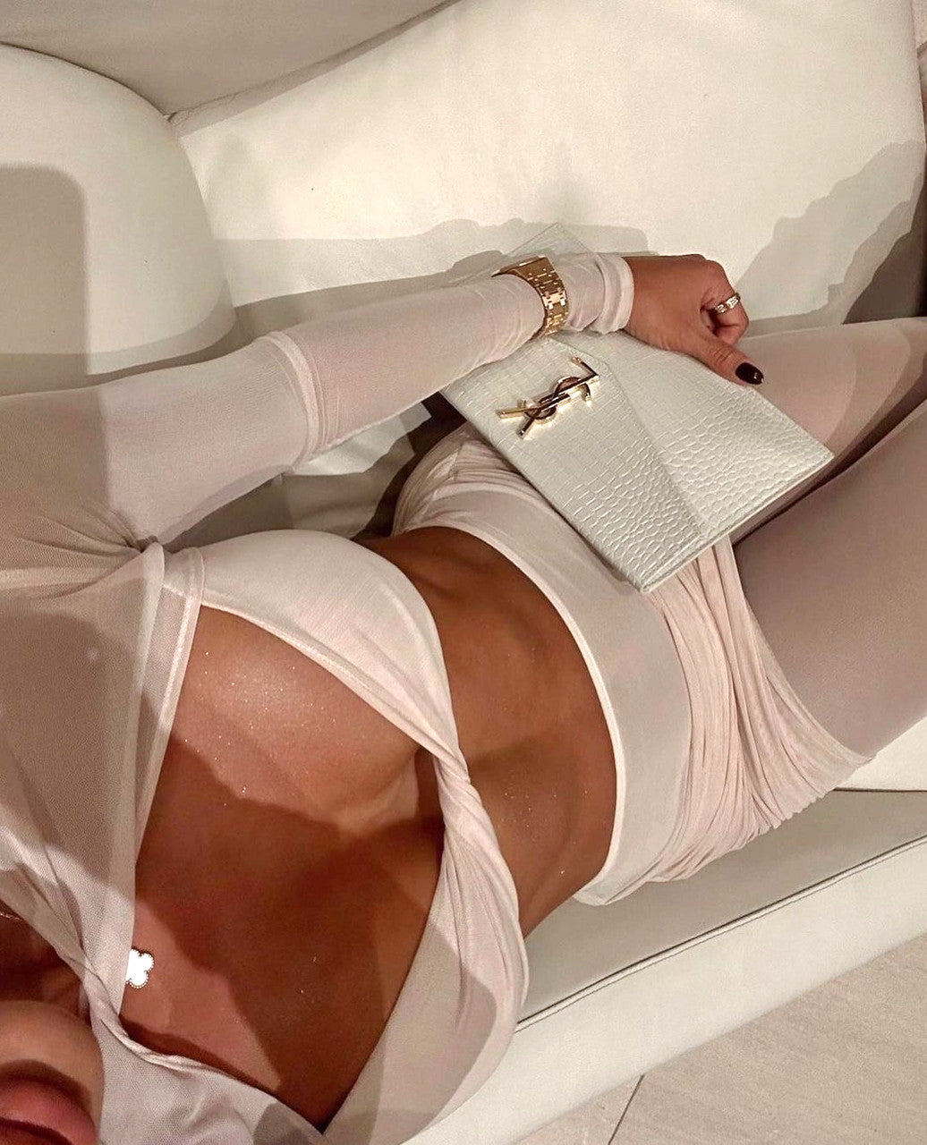 Long Sleeve Draped Two Piece Jumpsuit Nude