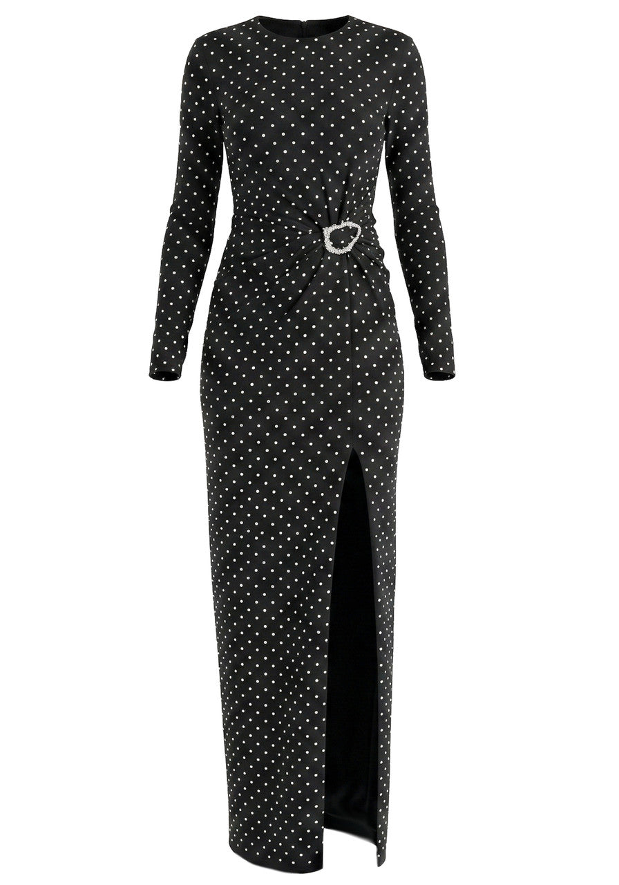 Long Sleeve Draped Polka Dot Maxi Dress Black