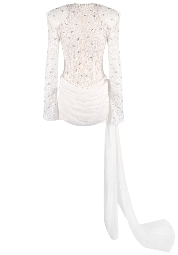 Long Sleeve Draped Sequin Lace Dress White
