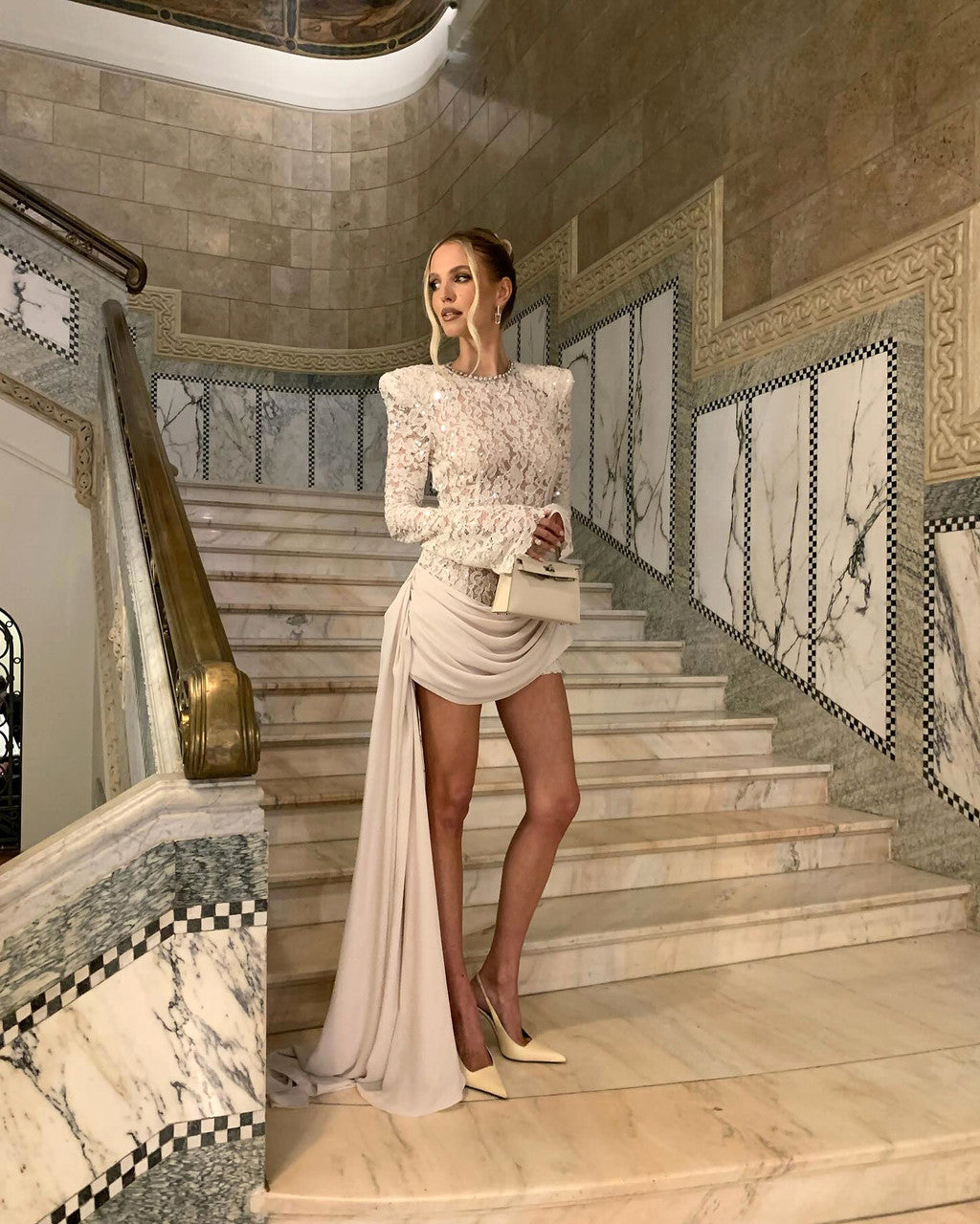 Long Sleeve Draped Sequin Lace Dress White